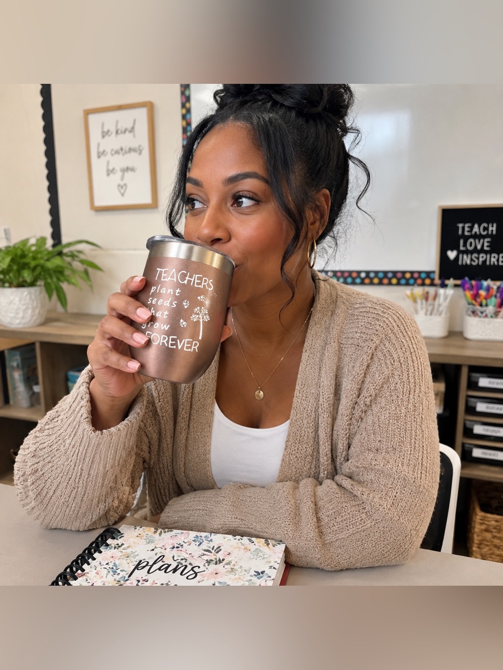 Insulated Stainless Steel Metallic Rose Gold Teachers Travel Tumbler